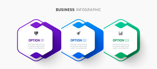 Business Infographic Template with Hexagon Label, Thin Line, Icon and 3 Option. Suitable for Process Diagram, Presentations, Workflow Layout, Banner, Flow Chart, Infographic.