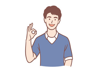 Smiling man holding up his finger as an OK sign. Hand drawn style vector design illustrations.
