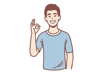 Smiling man holding up his finger as an OK sign. Hand drawn style vector design illustrations.
