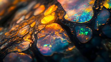 An intricate piece of opal with vivid fire-like patterns on a textured background