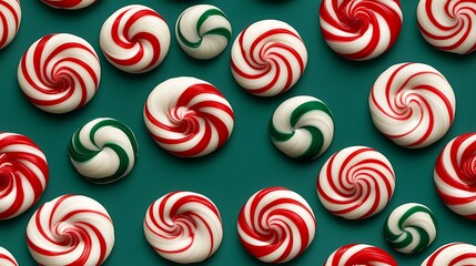 Abstract peppermint pattern, red and white spirals with green accents, each swirl dynamically arranged across a deep green background. High contrast with smooth shadows, hd quality,