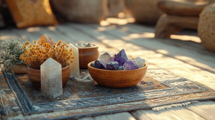 Crystals and dried herbs arranged on a meditation mat showcasing natural healing tools and alternative wellness elements for a holistic peaceful and meditative lifestyle