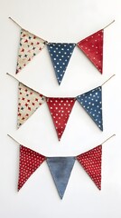 Colorful triangular bunting in red, white, and blue patterns for festive occasions.