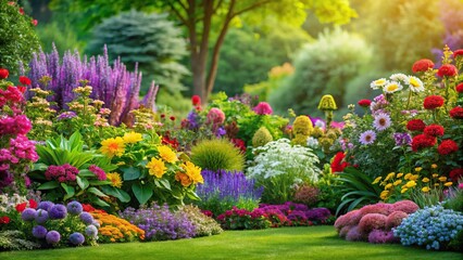 A vibrant and colorful garden filled with various types of flowers, shrubs, and greenery, set against a bright green background, botanical photography, green background