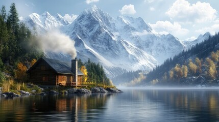 Fototapeta premium A peaceful lakeside cabin with smoke rising from the chimney and mountains in the background.