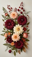 a series of botanical compositions with warm-toned blooms such as maroon dahlias and peach poppies, interspersed with sprigs of muted greenery and hints of golden leaves.