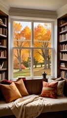 a snug reader’s nook complete with comfortable seating adorned by warm-colored throws and pillows, adjacent to shelving filled with books
