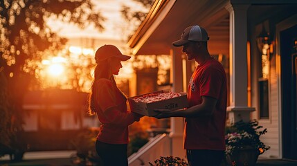 A pizza delivery driver handing a pizza box to a customer outside a house at sunset, capturing the convenience of modern pizza delivery.