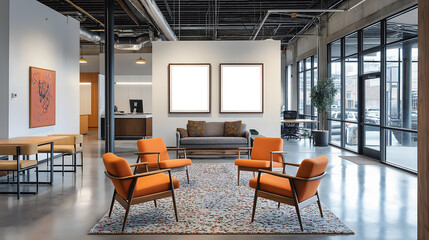 Modern office lounge with orange chairs, framed art, and large windows. Bright and inviting space with contemporary design and natural light.