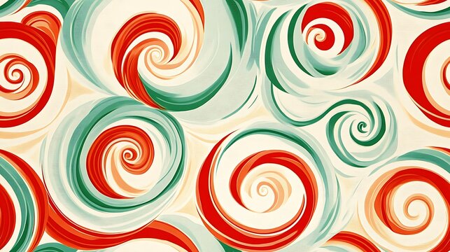 Festive peppermint swirl pattern with bold red, white, and green accents, each swirl edged with vibrant green highlights, creating a holiday vibe. High contrast on a soft cream background, hd quality,