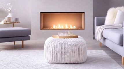 Fototapeta premium Cozy Hygge Living Room with Knitted Blanket, Fur Pouf, and Freestanding Fireplace in Modern Scandinavian Interior Design