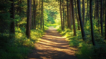 Fototapeta premium A quiet forest path with sunlight filtering through dense trees, leading to an open meadow.