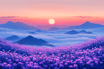 Fototapeta premium Valley of flowers surrounded by mountains during sunrise. 