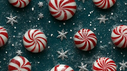 Fototapeta premium Peppermint candies with swirling red and white stripes, surrounded by intricate snowflakes and twinkling silver stars on a dark teal background. High contrast, with a cozy holiday feel, hd quality,