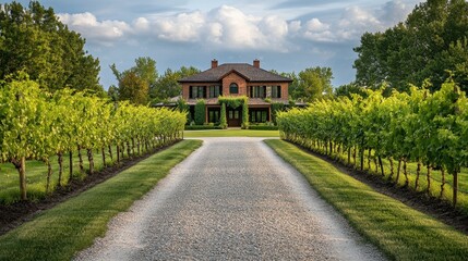 Fototapeta premium Vineyard estate with driveway lined by vine rows