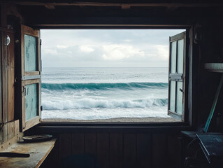 Fototapeta premium A picturesque beach view from a cottage, showcasing the serene beauty of the shoreline.