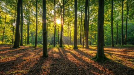 Obraz premium A serene forest scene with sunlight streaming through tall trees and fallen leaves on the ground.