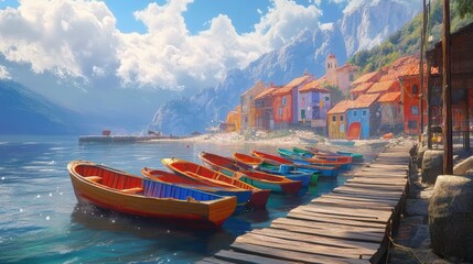 Obraz premium A small fishing village by the sea, with colorful boats docked along a wooden pier.