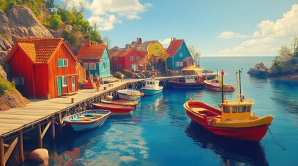 Obraz premium A small fishing village by the sea, with colorful boats docked along a wooden pier.