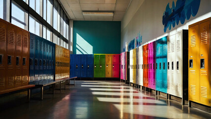 A row of brightly colored school lockers in a modern high school hallway.