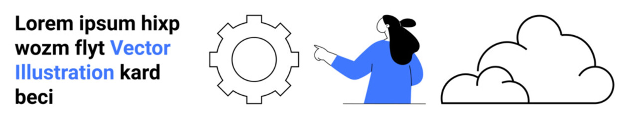 Woman pointing at a gear, highlighting a mechanical process next to a cloud symbol. Ideal for technology, cloud computing, engineering, process optimization, educational materials, mechanical