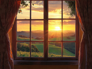 Fototapeta premium A stunning sunset over rolling hills, beautifully captured through a vibrant color palette.