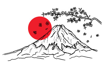 Outline drawing of a mountain, sakura tree branches with flowers, and a red sun. © Muse Stock