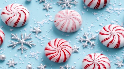 Obraz premium Playful peppermint candy pattern with scattered silver stars and snowflakes on a pale blue background. The candies are detailed and glossy, with delicate frosty accents around the snowflakes,