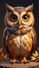 Obraz premium an illustration of a cartoon owl with large expressive eyes, standing front and center, with a warm color palette