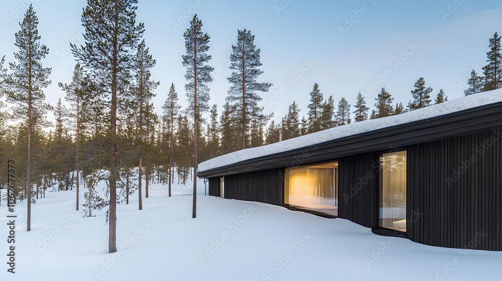 Poster a modern house set in a snowy landscape, surrounded by tall trees, showcasing a blend of architectur