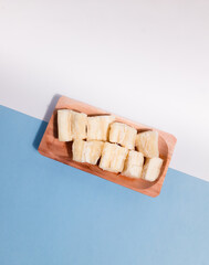 Boiled cassava or singkong rebus served in wooden plate. One of the Healthy food