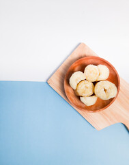 Boiled cassava or singkong rebus served in wooden plate. One of the Healthy food