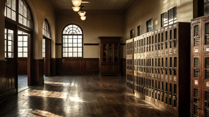 A vintage school hallway featuring old-fashioned wooden lockers.