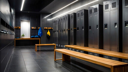 A modern gym locker room featuring sleek, metallic lockers with a clean, polished look.