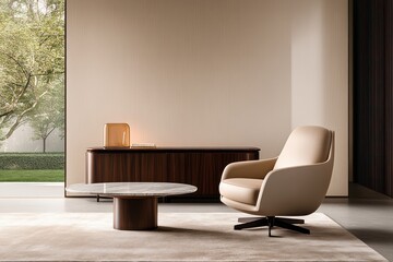 Contemporary Living: Wooden Sideboard, Armchair, and Marble Coffee Table on Rug in Modern Interior Design - 3D Render