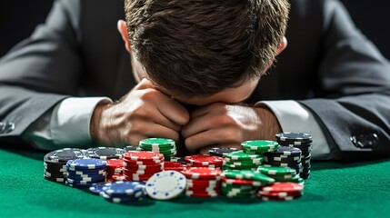 A man in a suit sits at a table with a pile of poker chips, with his head resting on his arms, looking defeated.