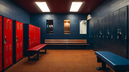 A cozy gym locker room with vibrant red lockers and a warm, welcoming ambiance.
