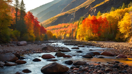 A pristine river winding through a rugged mountain landscape during autumn.