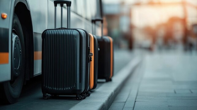A group of travelers with various sized suitcases and luggage bags standing on the pavement next to a parked bus on a city street showcasing the anticipation and for a journey or vacation