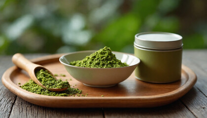 Matcha green tea powder with a wooden spoon on a wooden tray and a jar