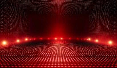 Red gradient background with a light effect and a digital mesh grid on a dark stage floor.