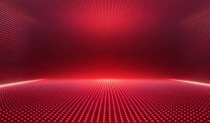 Red gradient background with a light effect and a digital mesh grid on a dark stage floor.