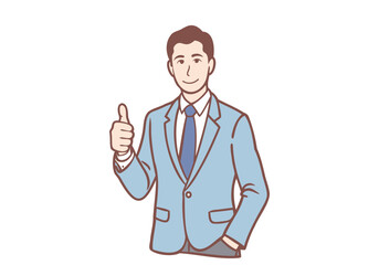 Businessman smiling and giving thumbs up as excellent sign. Hand drawn style vector design illustrations.
