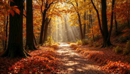 Enchanting Forest Path with Golden Sunbeams Filtering Through Dense Canopy of Green Leaves