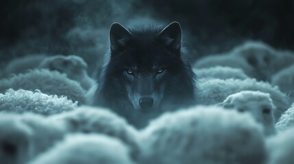 Obraz premium A quiet black wolf hidden within a flock of pure white sheep, only its face faintly visible, symbolizing concealed threat, dramatic lighting, soft fog surrounding the scene,