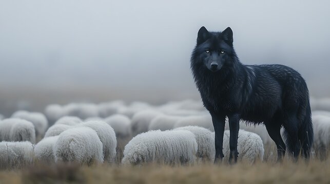 A quiet black wolf stands amidst oblivious sheep, conveying loneliness and solitude, mist-filled landscape, diffused morning light casting subtle shadows, cinematic depth with high detail,