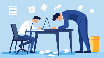 Boss standing over stressed employee, emphasizing the pressure and hierarchy in the workplace. Leadership and workplace dynamics.