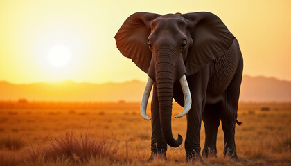 Fototapeta premium Majestic African Elephant Silhouetted Against Dramatic Orange Sunset Sky in Savanna Grassland