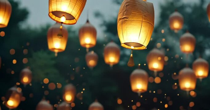Capture the enchanting moment of paper lanterns rising into the night sky, illuminating the Loy Krathong and Yi Peng Festival with a warm, magical glow.