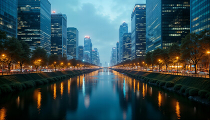 Fototapeta premium Urban Riverside Cityscape at Dusk with Modern Buildings and Glowing City Lights Reflecting on Water